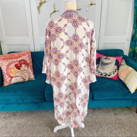 Gigio | Aster Ivory Pink Open Front Kimono Boho Bohemian Paisley Medallion Large - Picture 11 of 15